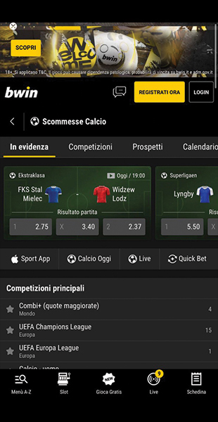 App bwin selezione sport e competizione