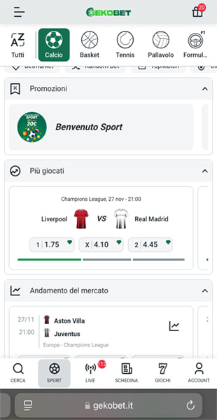 selezione sport app Gekobet