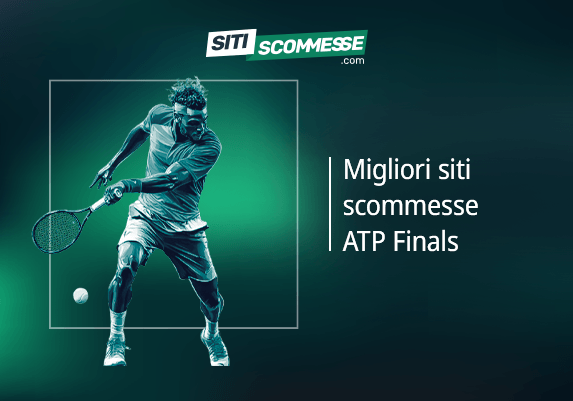 Il logo di sitiscommesse.com, la scritta Migliori siti scommesse ATP Finals e un tennista in azione