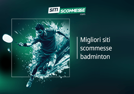 Il logo di sitiscommesse.com, la scritta Migliori siti scommesse badminton e un giocatore di badminton