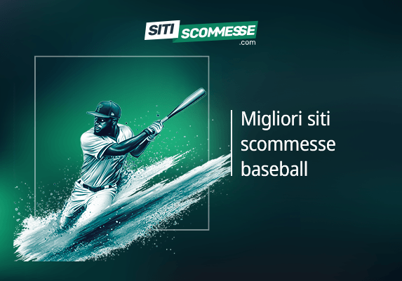 Il logo di sitiscommesse.com, la scritta Migliori siti scommesse baseball e un giocatore di baseball