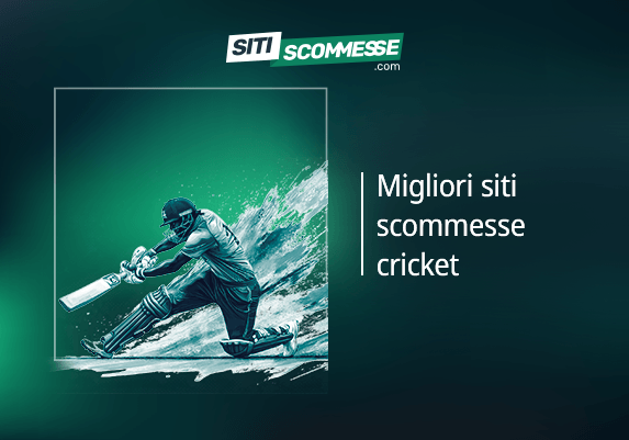 Il logo di sitiscommesse.com, la scritta Migliori siti scommesse cricket e un giocatore di cricket