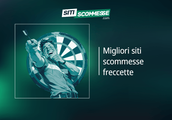 Il logo di sitiscommesse.com, la scritta Migliori siti scommesse freccette e un giocatore di freccette