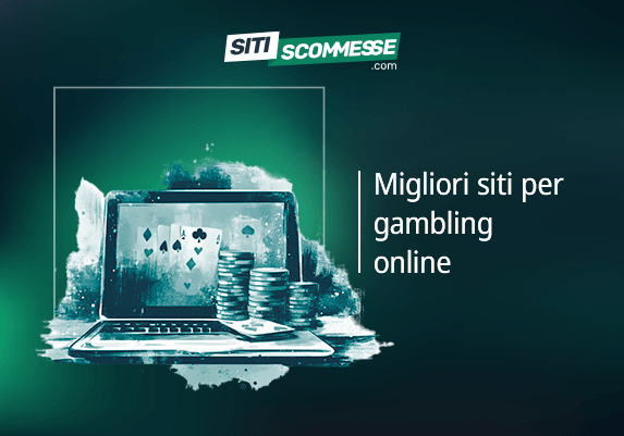 Il logo di sitiscommesse.com, la scritta Migliori siti per gambling online, un laptop, delle carte da gioco e delle fiches