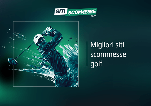 Il logo di sitiscommesse.com, la scritta Migliori siti scommesse golf e un giocatore di golf