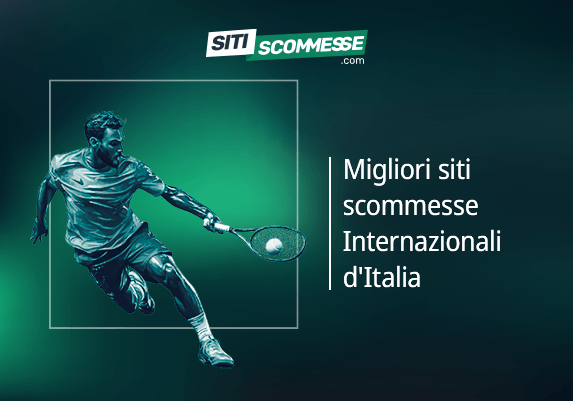 Il logo di sitiscommesse.com, la scritta Migliori siti scommesse Internazionali d’Italia e un tennista in azione