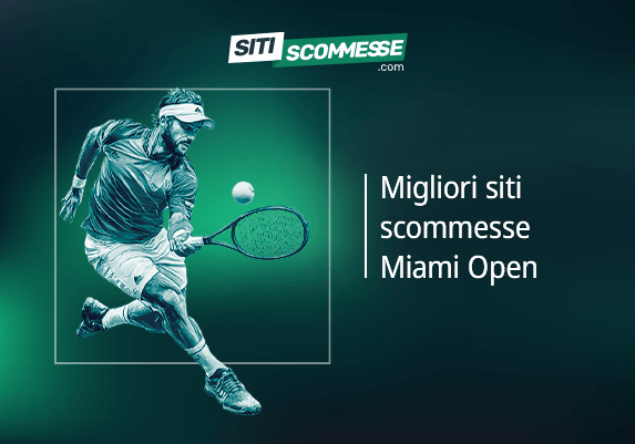 Il logo di sitiscommesse.com, la scritta Migliori siti scommesse Miami Open e un tennista in azione