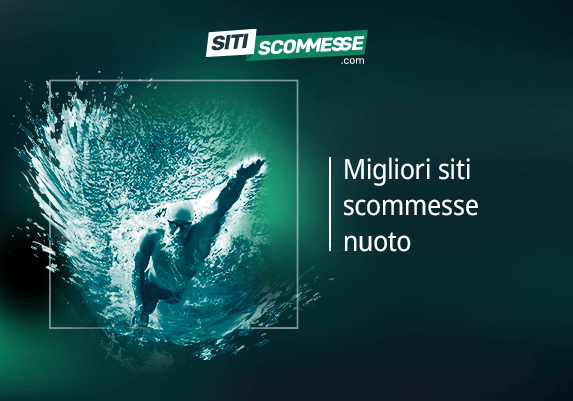 Il logo di sitiscommesse.com, la scritta Migliori siti scommesse nuoto e un nuotatore