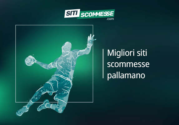 Il logo di sitiscommesse.com, la scritta Migliori siti scommesse pallamano e un giocatore