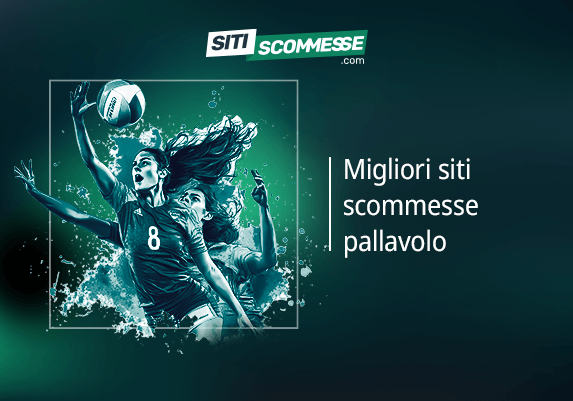 Il logo di sitiscommesse.com, la scritta Migliori siti scommesse pallavolo, due giocatrici in azione