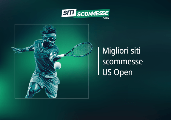 Il logo di sitiscommesse.com, la scritta Migliori siti scommesse US Open e un tennista in azione