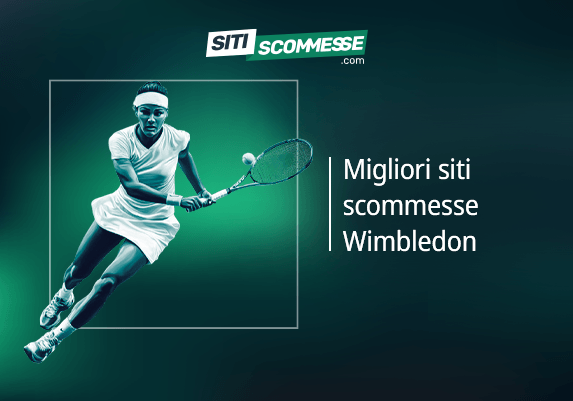 Il logo di sitiscommesse.com, la scritta Migliori siti scommesse Wimbledon e una tennista in azione