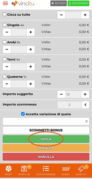 Conferma schedina dall'app VinciTu