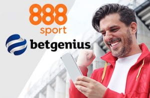 I loghi di 888sport e Betgenius e un ragazzo che consulta uno smartphone