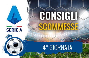 Il logo della Serie A, una porta di calcio e la scritta Consigli scommesse 4° giornata