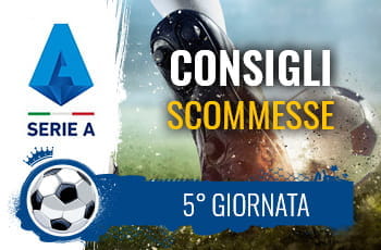 Il logo della Serie A, Il piede di un calciatore al tiro e la scritta Consigli scommesse 5° giornata