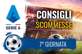 Il logo della Serie A, uno stadio e un pallone da calcio e la scritta Consigli scommesse 7° giornata