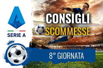 Il logo della Serie A, un calciatore in azione e la scritta Consigli scommesse 8° giornata