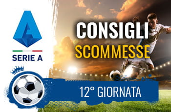 Il logo della Serie A, un calciatore al tiro e la scritta Consigli scommesse 12° giornata