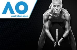 Il logo dell’Australian Open 2021 e una tennista generica in azione