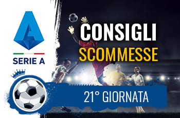 Il logo della Serie A, calciatori in azione e la scritta Consigli scommesse 21° giornata