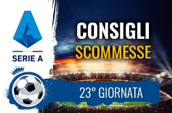 Il logo della Serie A, uno stadio e la scritta Consigli scommesse 23° giornata