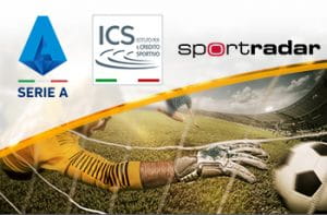 I loghi di Lega Serie A, ICS e Sportradar e un portiere di calcio in azione