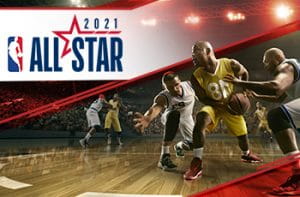 Il logo dell’All Star Game 2021 e dei giocatori di basket NBA in azione