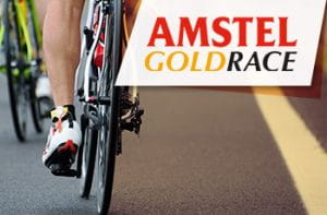 Il logo della Amstel Gold Race 2021 e un ciclista generico in azione