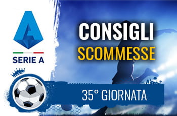 Il logo della Serie A, un calciatore al tiro e la scritta Consigli scommesse 35° giornata