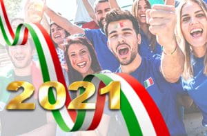 Tifosi italiani che esultano, bandiera italiana e anno 2021.