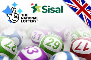 Palline lotteria con logo Sisal logo National Lottery e bandiera inglese.