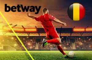 Calciatore in azione, bandiera del Belgio e logo di Betway.