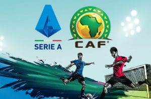 Giocatori in azione, logo Serie A e logo CAF.