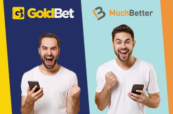 Due ragazzi con in mano uno smartphone che esultano, logo GoldBet, logo MuchBetter