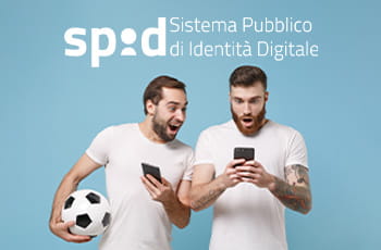 Due ragazzi con in mano smartphone e un pallone, logo SPID