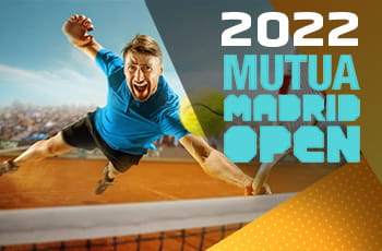 Tennista in azione su terra rossa, logo Mutua Madrid Open 2022