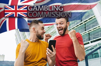 Due ragazzi che esultano, bandiera UK, logo Gambling Commission