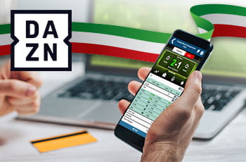 Smartphone con scommesse sportive, bandiera italiana, logo DAZN