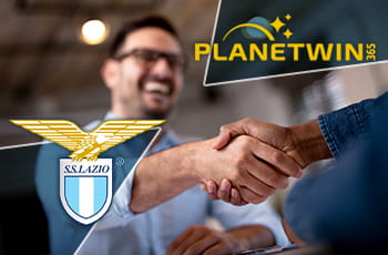 Due persone che si stringono la mano, logo SS Lazio, logo Planetwin365