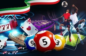 Calciatori in azione, palline bingo, roulette, carte, bandiera italiana