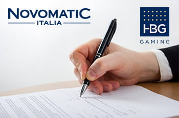 Mano che firma un contratto, logo Novmatic Italia, logo HBG