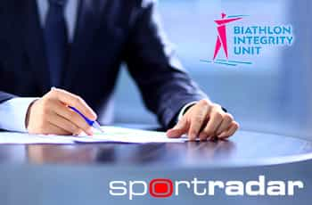 Uomo che firma un contratto, logo Biathlon Integrity Unit e logo Sportradar