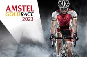 Ciclista su strada, logo Amstel Gold Race 2023