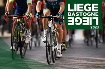 Ciclisti su strada, logo Liegi Bastogne Liegi