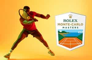 Tennista in azione, logo Rolex Monte Carlo Masters