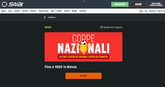 La promo scommesse Coppe nazionali di SNAI