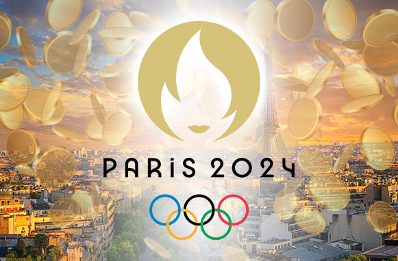 Immagine di Parigi, logo Parigi 2024 e monete d’oro