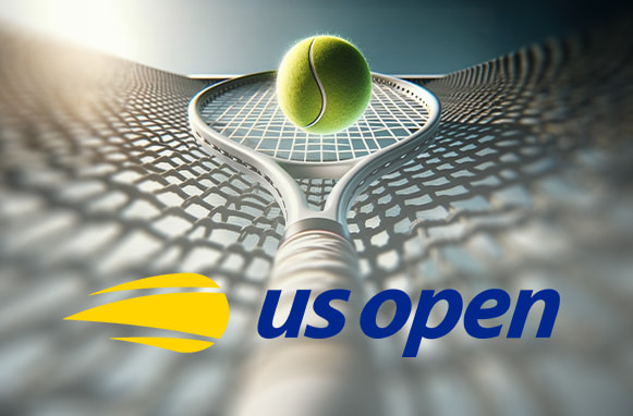 Racchetta da tennis, rete, pallina e logo US Open