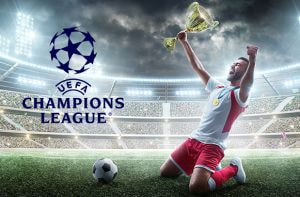 Calciatore che festeggia con trofeo e logo UEFA Champions League